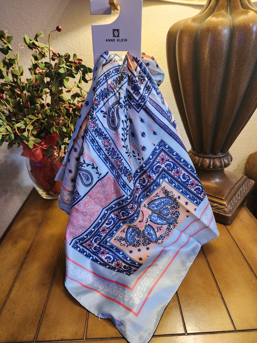 Anne Klein Light Blue Patchwork Satin Square Scarf